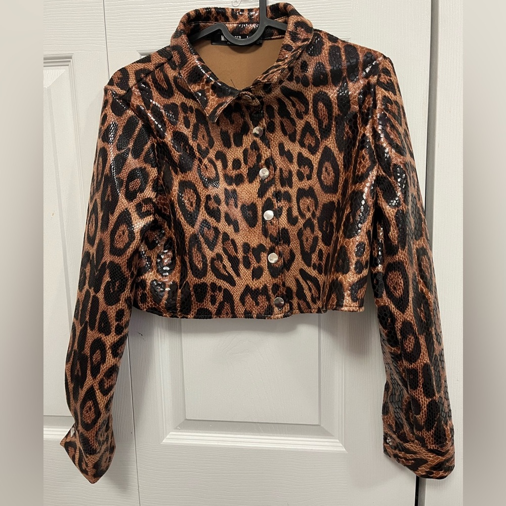 Missguided cheetah print cropped leather jacket